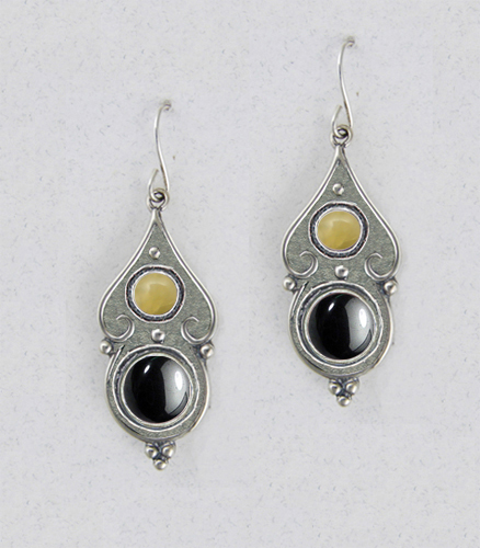 Sterling Silver Hematite And Yellow Aragonite Gemstone Drop Dangle Earrings